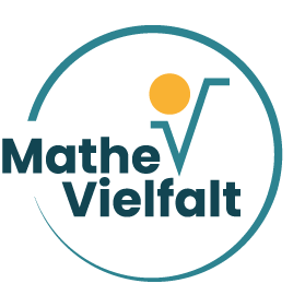 Logo MatheVielfalt mit stilisiertem Wurzelzeichen als „V“, orangem Punkt und türkisfarbenem Kreis auf weißem Hintergrund