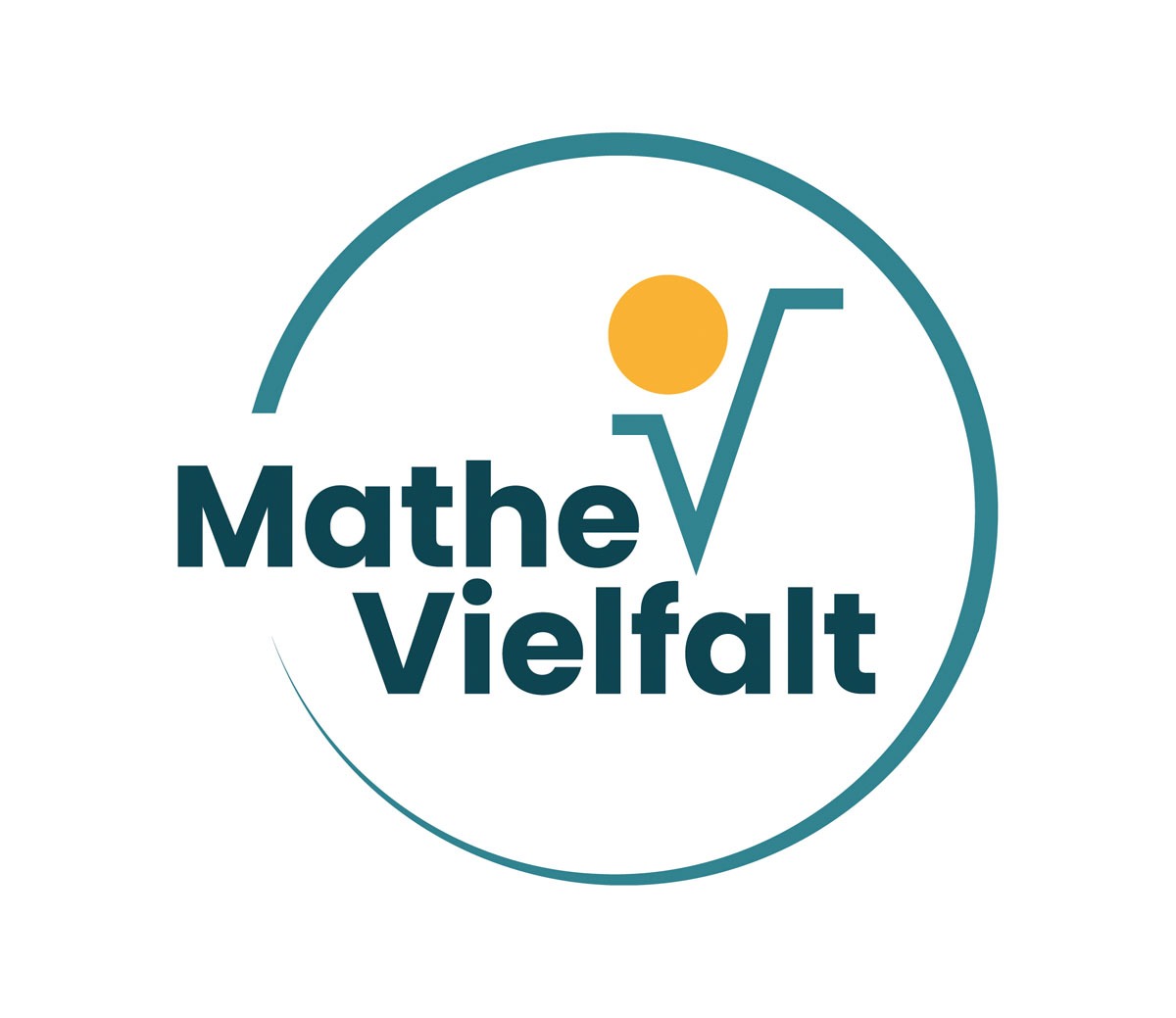 Logo MatheVielfalt mit stilisiertem Wurzelzeichen als „V“, orangem Punkt und türkisfarbenem Kreis auf weißem Hintergrund